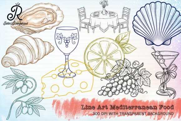 Line Art Mediterranean Food Clipart Graphic AI Generated By Jafar1Rampersad