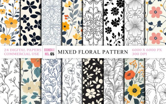 Mixed Floral & Line Art Seamless Pattern Gráfico Fondos Por sakibbddot21