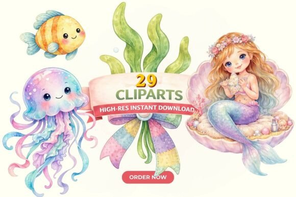 Ocean Mermaid Nursery Watercolor Clipart Graphic by Atcharasiri Whimsy ...
