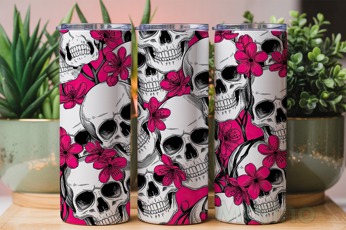 Pink Floral Skulls 20oz Tumbler Wrap Graphic by Marino · Creative Fabrica