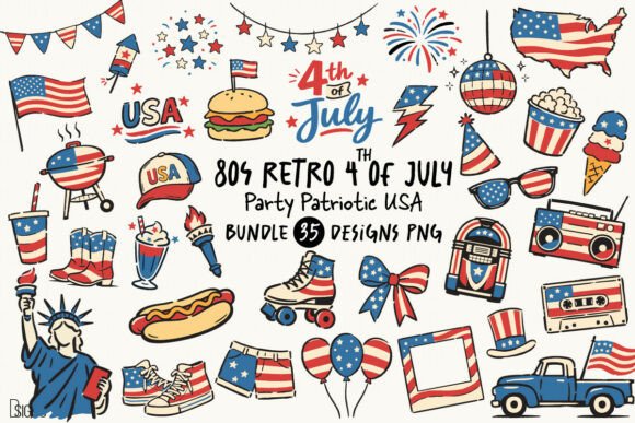 80s 4th of July Patriotic USA Bundle PNG