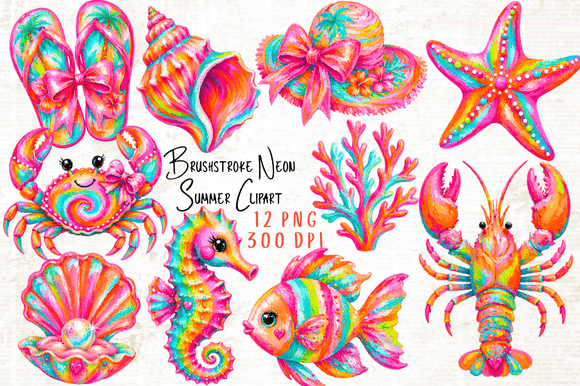 brushstroke neon summer clipart png with bright colors, modern graphic style seasonal elements