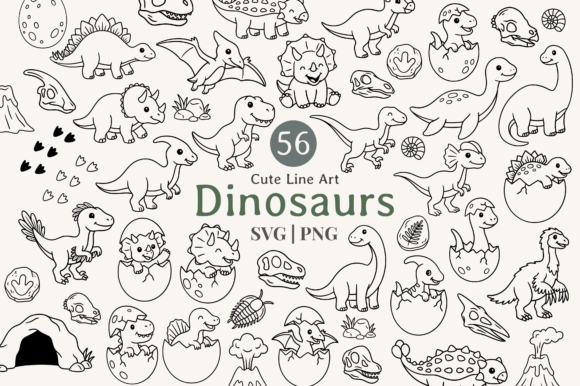 Cute Dinosaur Line Art Clipart Bundle