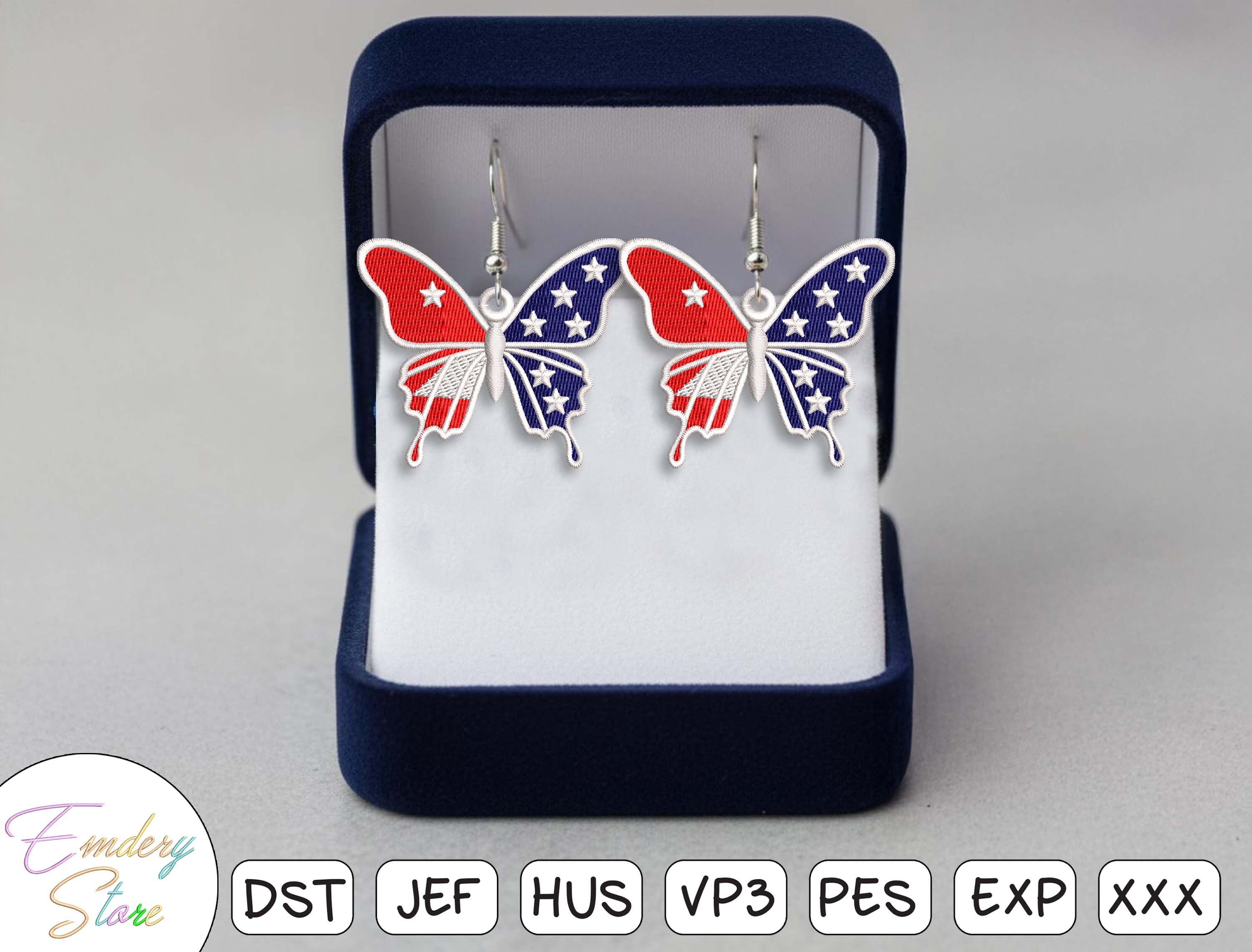 Patriotic Butterfly Earrings Embroidery