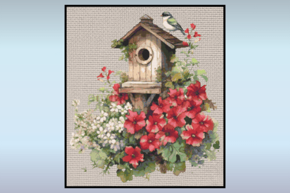Spring Birdhouse with Flowers Cross Stit