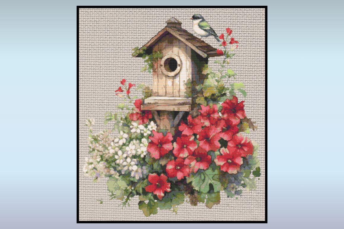 Spring Birdhouse with Flowers Cross Stit