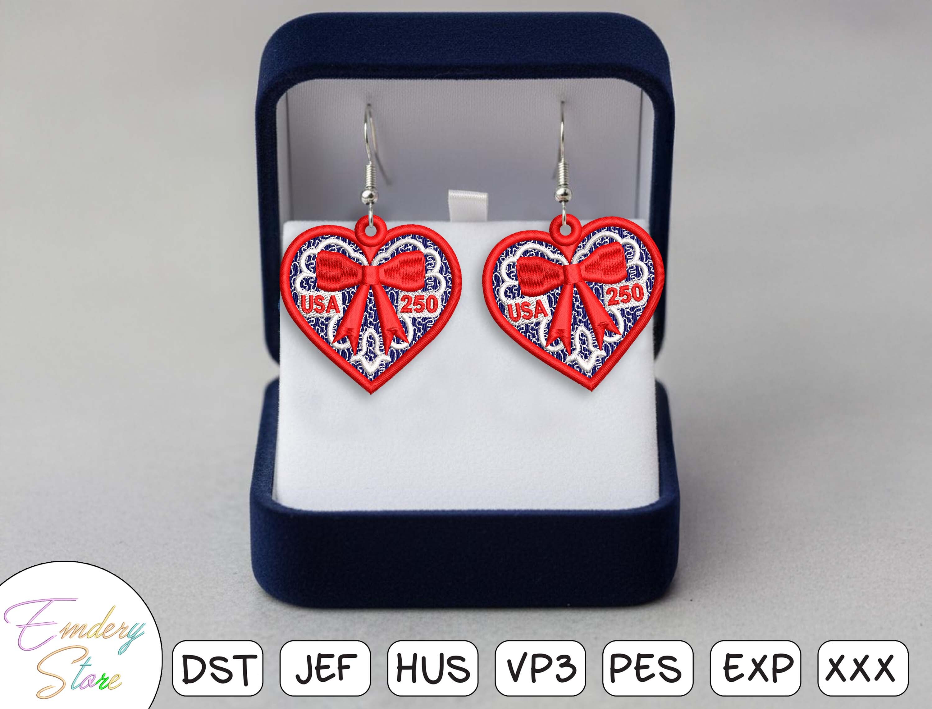 USA 250 Heart Earrings Embroidery Design