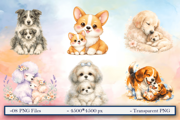 Watercolor Dog Mother and Puppy Love nursery puppy print PNG