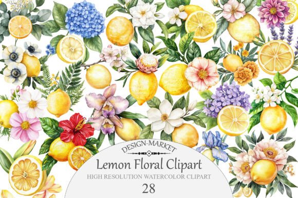 Watercolor Lemon Floral Clipart Graphic by Design Market · Creative Fabrica