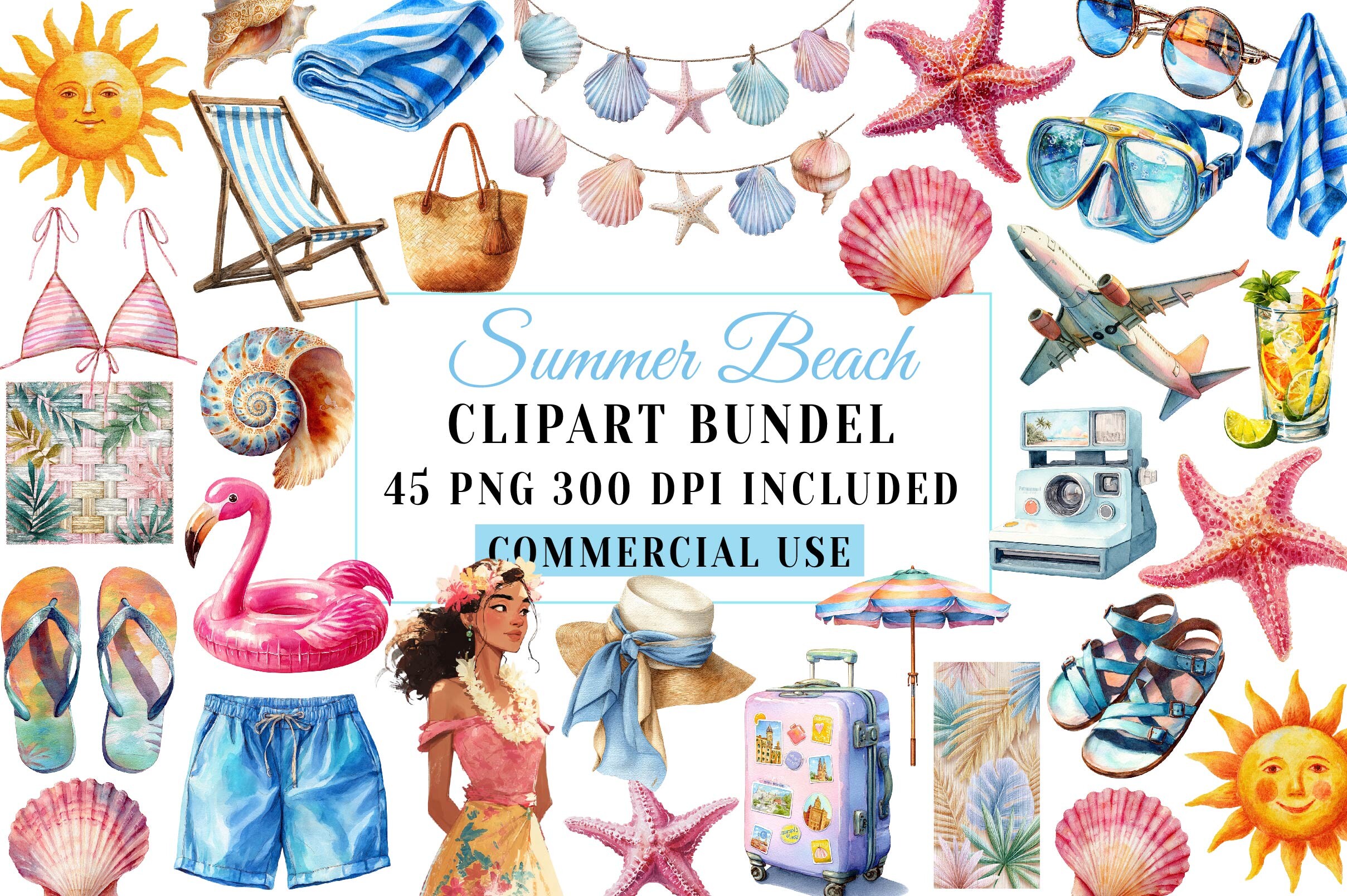 Watercolor Summer Beach Clipart Graphic by Print Magic · Creative Fabrica