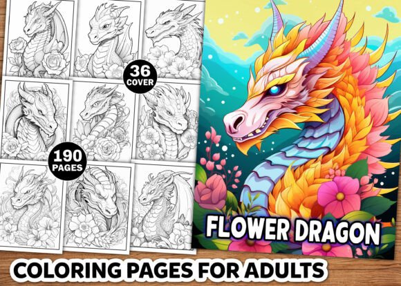 Preview of Flower Dragon Coloring Pages for Adults adult coloring pages