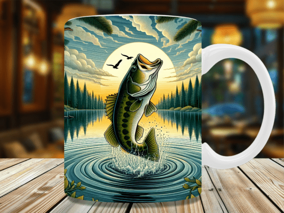 Jumping Bass Fish Lake Mug Wrap Grafika Rękodzieła Przez BEE CREATION