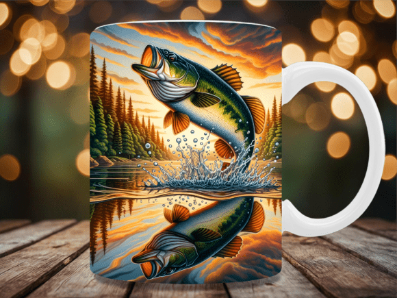 Jumping Bass Fish Lake Mug Wrap Gráfico Manualidades Por BEE CREATION