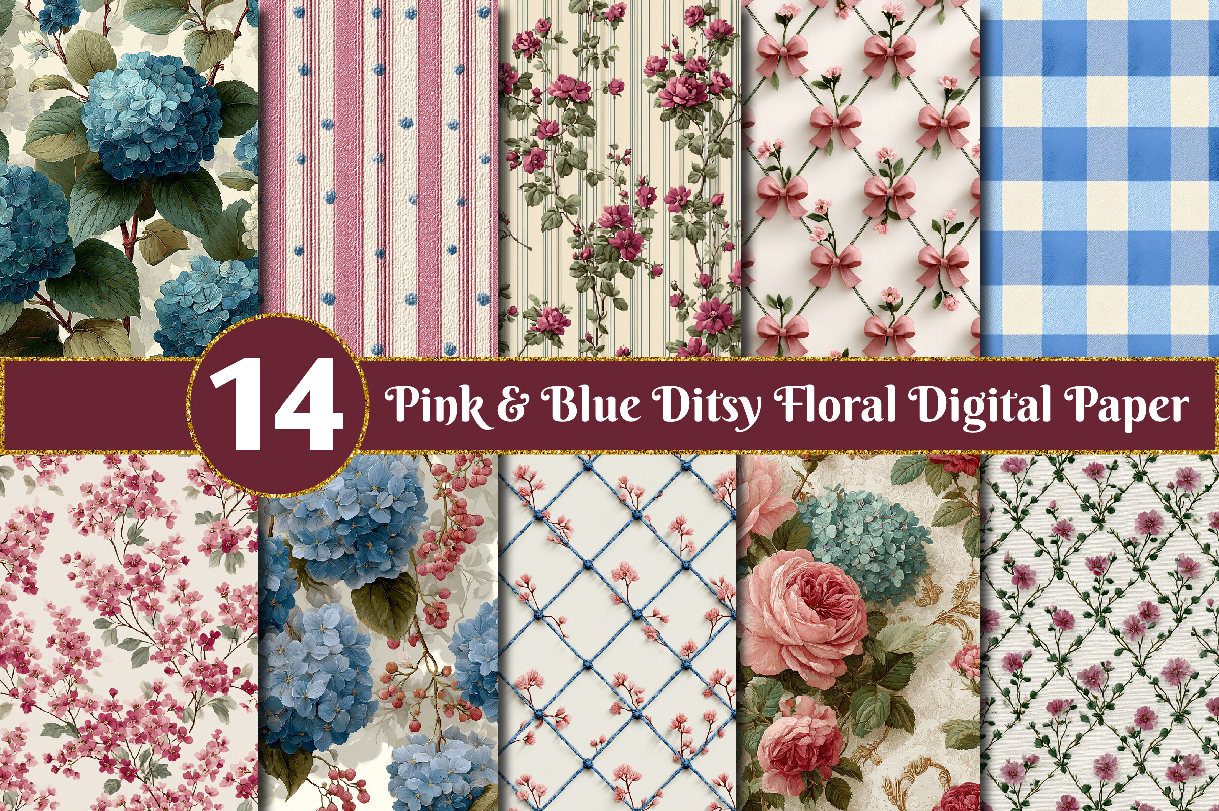 Pink & Blue Ditsy Floral Digital Paper Graphic by Precision Patterns ...