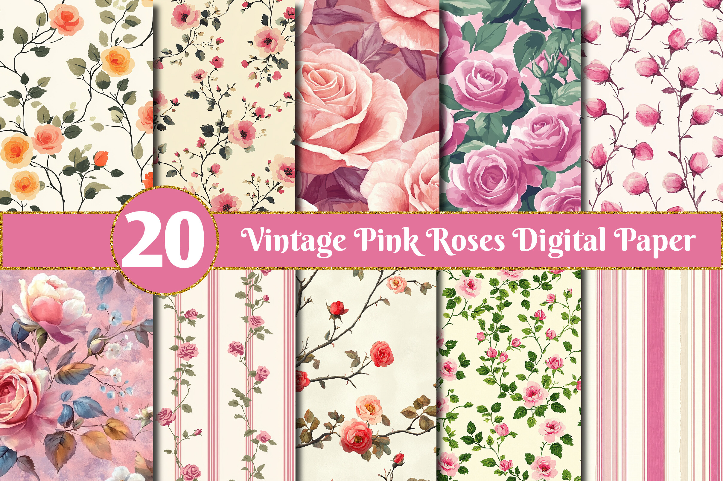 Vintage Pink Roses Digital Paper Graphic by Precision Patterns ...