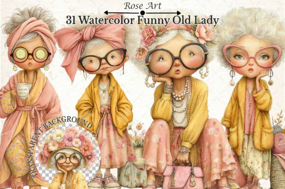 Watercolor Funny Old Lady Clipart Graphic AI Generated By Rose Art