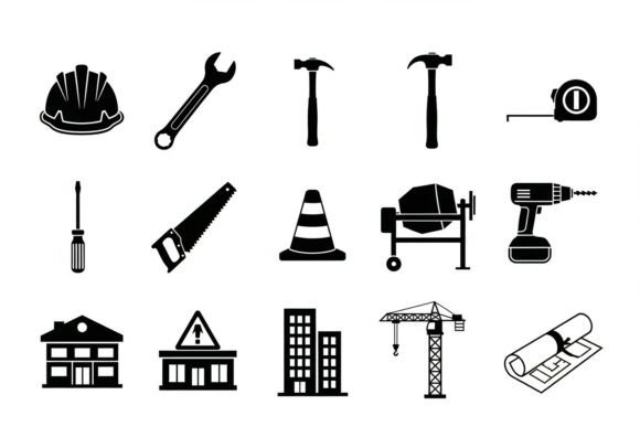 Black and White Construction Tools Graphic Illustrations By MD ABDUL MOMIN