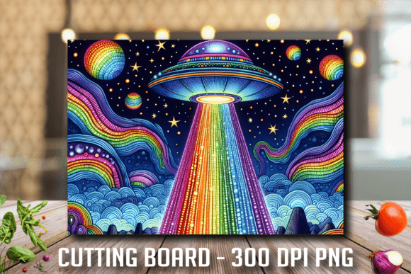 Rainbow Alien Spaceship Cutting Board