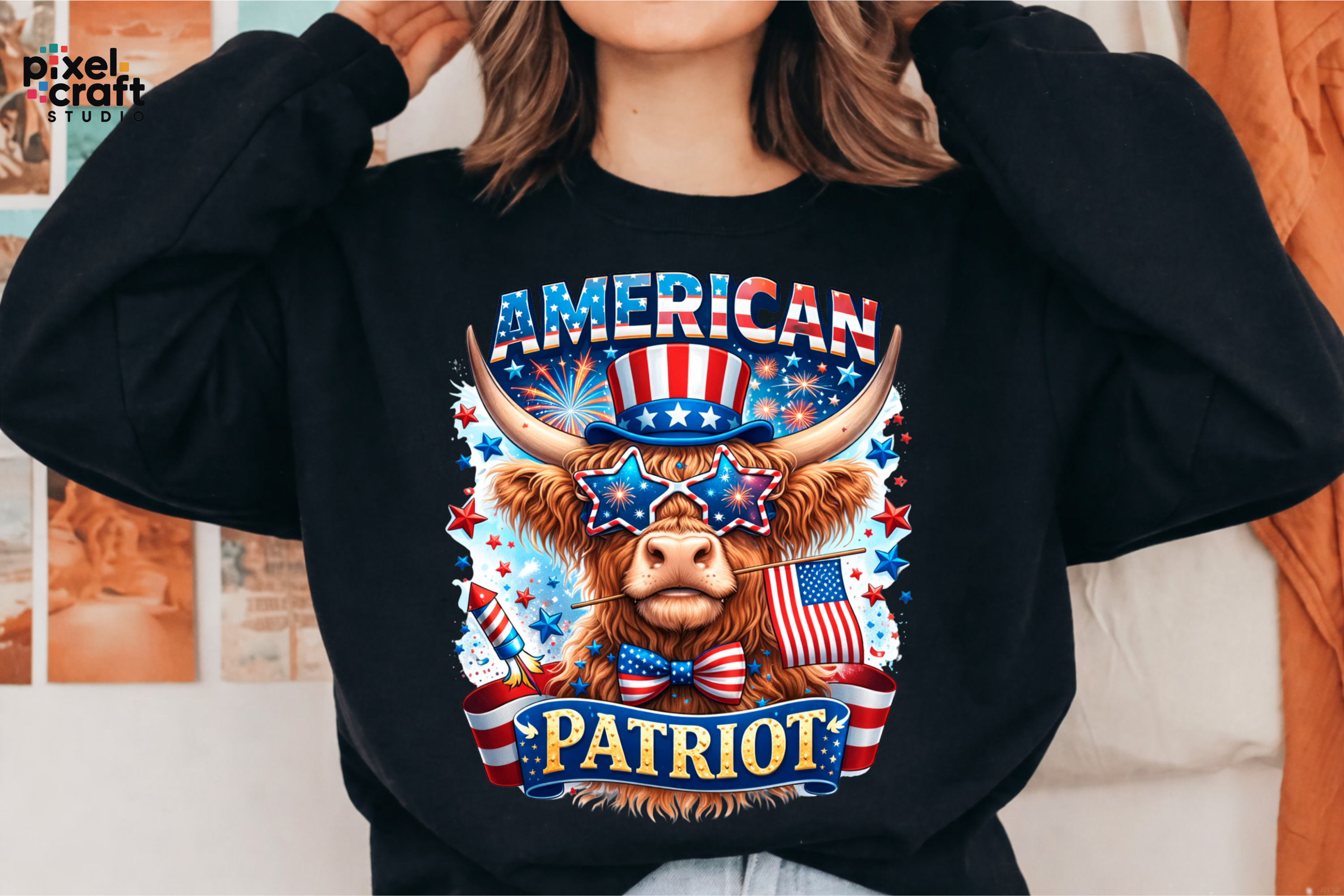 American Patriot Highland Cow PNG Graphic by PIXEL CRAFT STUDIO ...