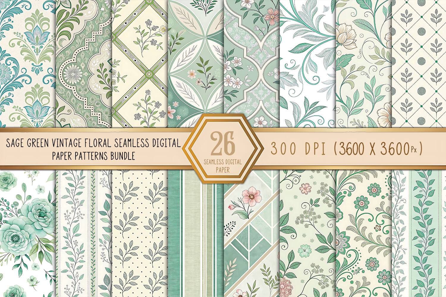 Sage Green Vintage Floral Digital Paper Graphic by Craftfiles-SVG ...