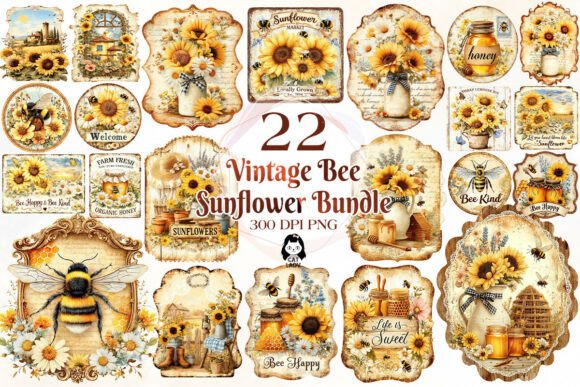 Vintage Bee Honey Sunflower Label Bundle Graphic Illustrations By Cat Lady