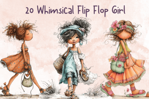 Whimsical Quirky Flip Flop Girl Clipart Graphic AI Generated By giraffecreativestudio