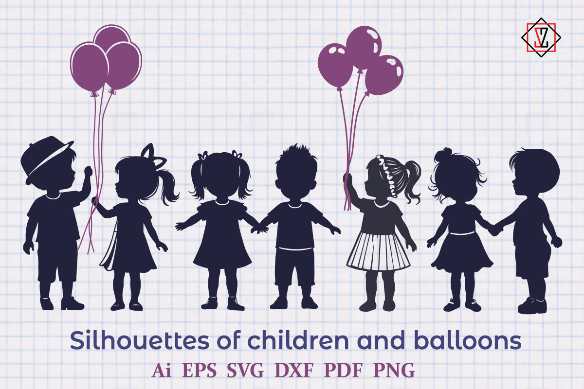 Silhouettes of Children and Balloons