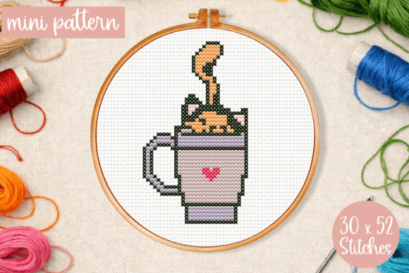 Small Cross Stitch Pattern Cat Cup PDF