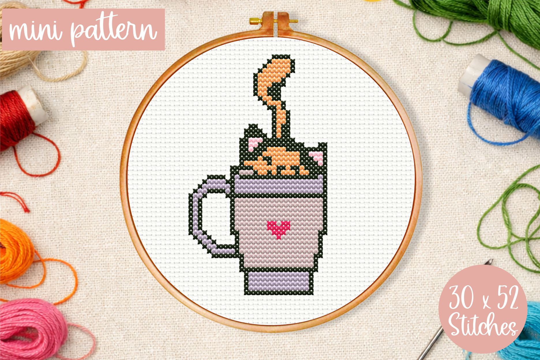 Small Cross Stitch Pattern Cat Cup PDF