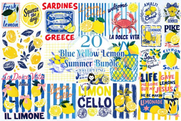 Blue Yellow Summer Lemon Clipart Grafik Druckbare Illustrationen Von Cat Lady