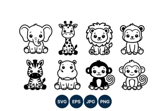 Cute Baby Animals Black Line Art Vector Graphic Illustrations By DesignVectx