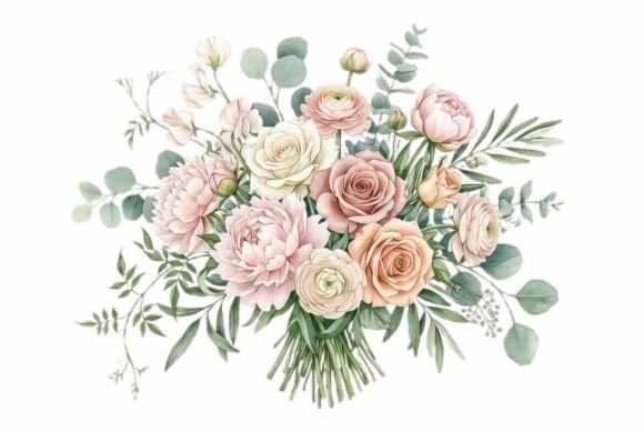 Watercolor Soft Bouquet with Green Leave