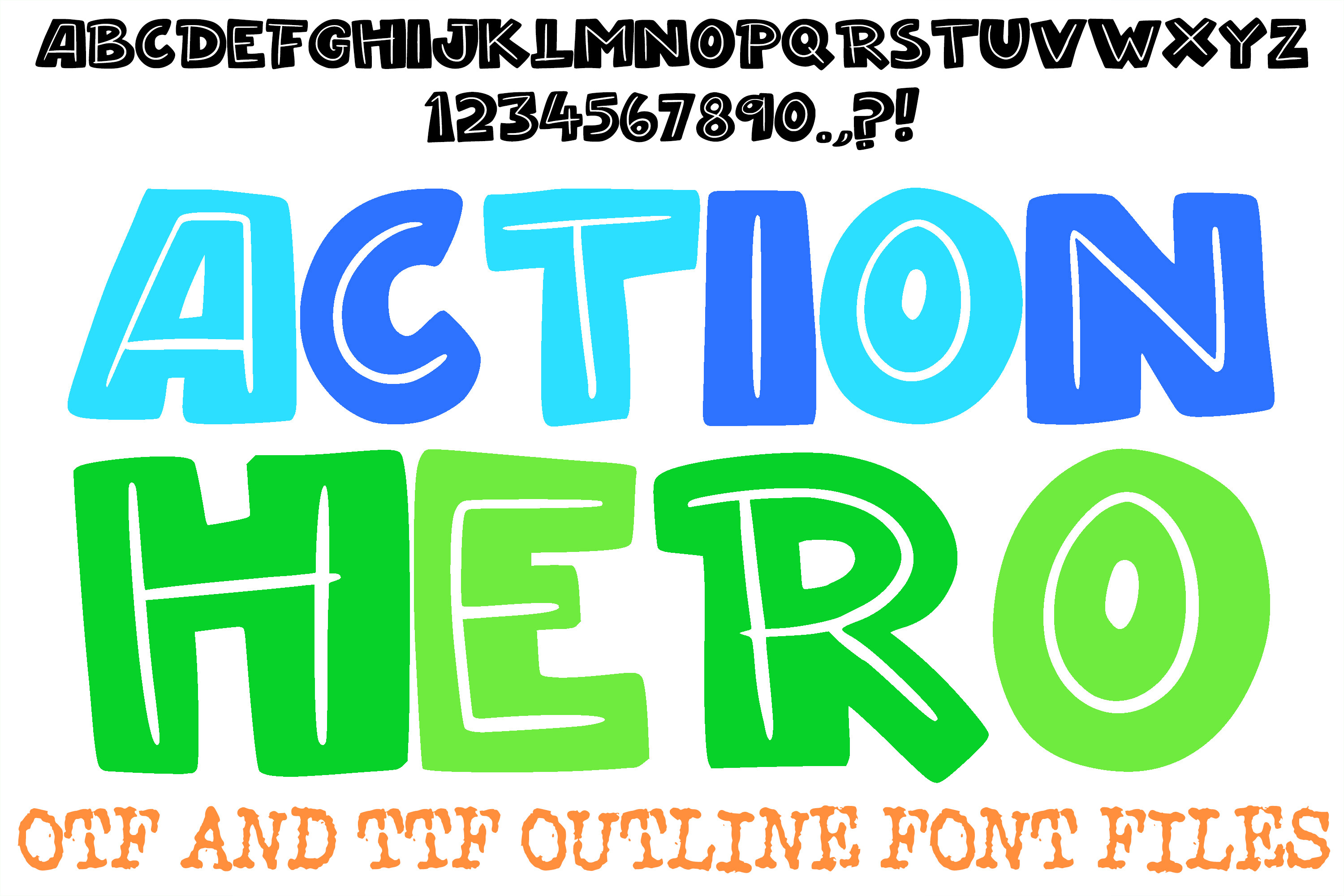 Action Hero preview, heavy block letterforms with a 3D pop effect