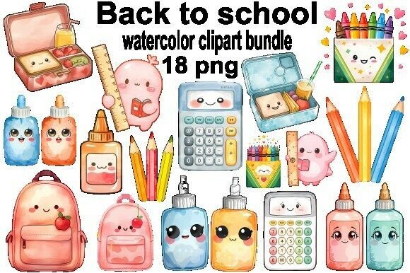 Back to School Kawaii Watercolor Graphic Illustrations By Cute Paw