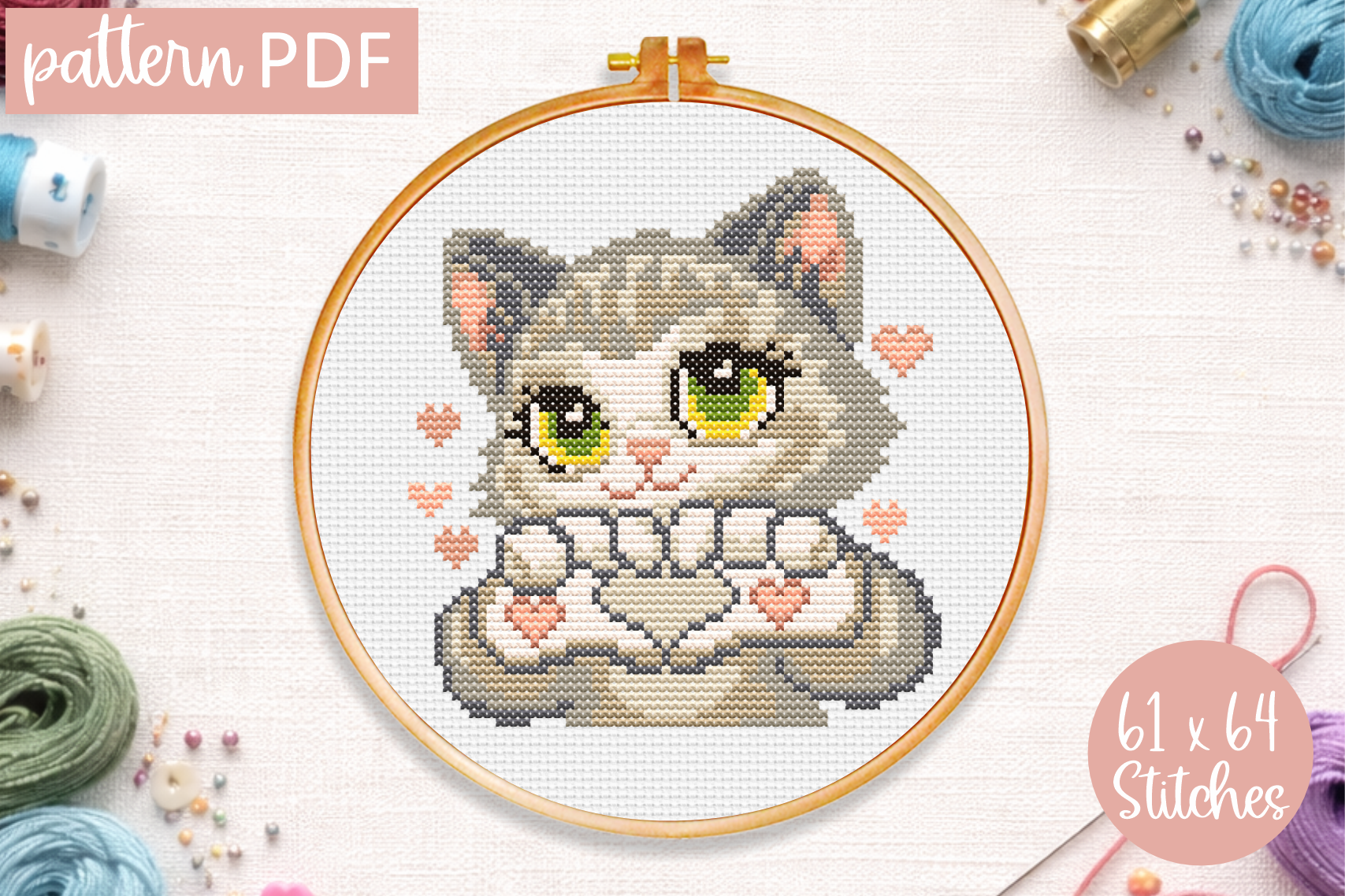 Cute Cat Cross Stitch Pattern Valentines