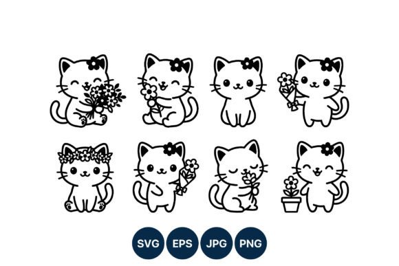 Cute Cat Flower Line Art Vector Graphic Illustrations By DesignVectx