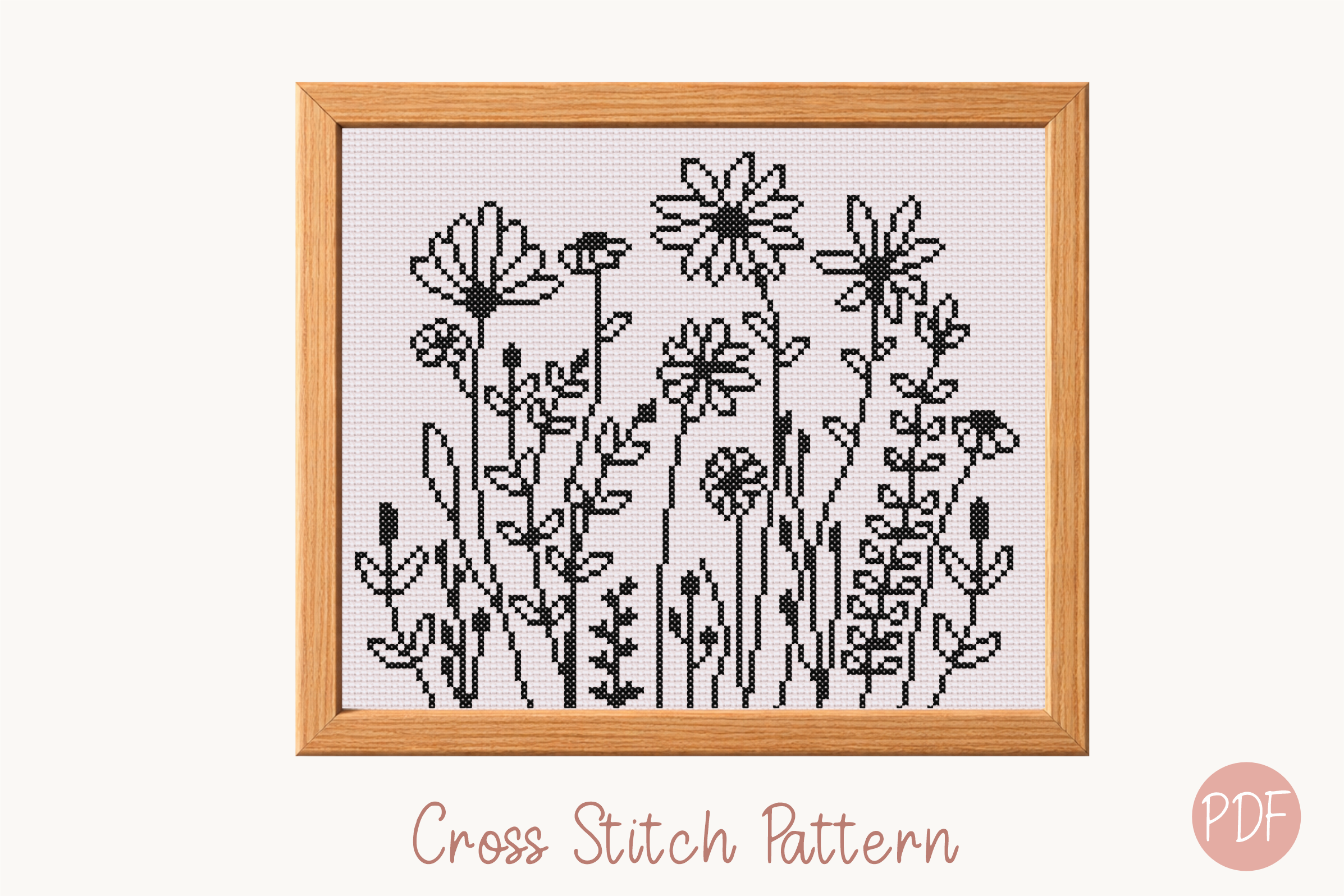 Flowers Cross Stitch Pattern Monochrome