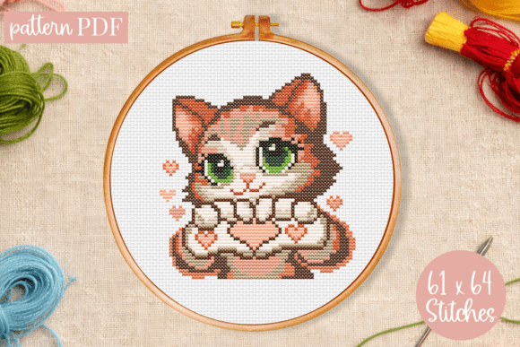 Sweet Cat Cross Stitch Pattern Hearts