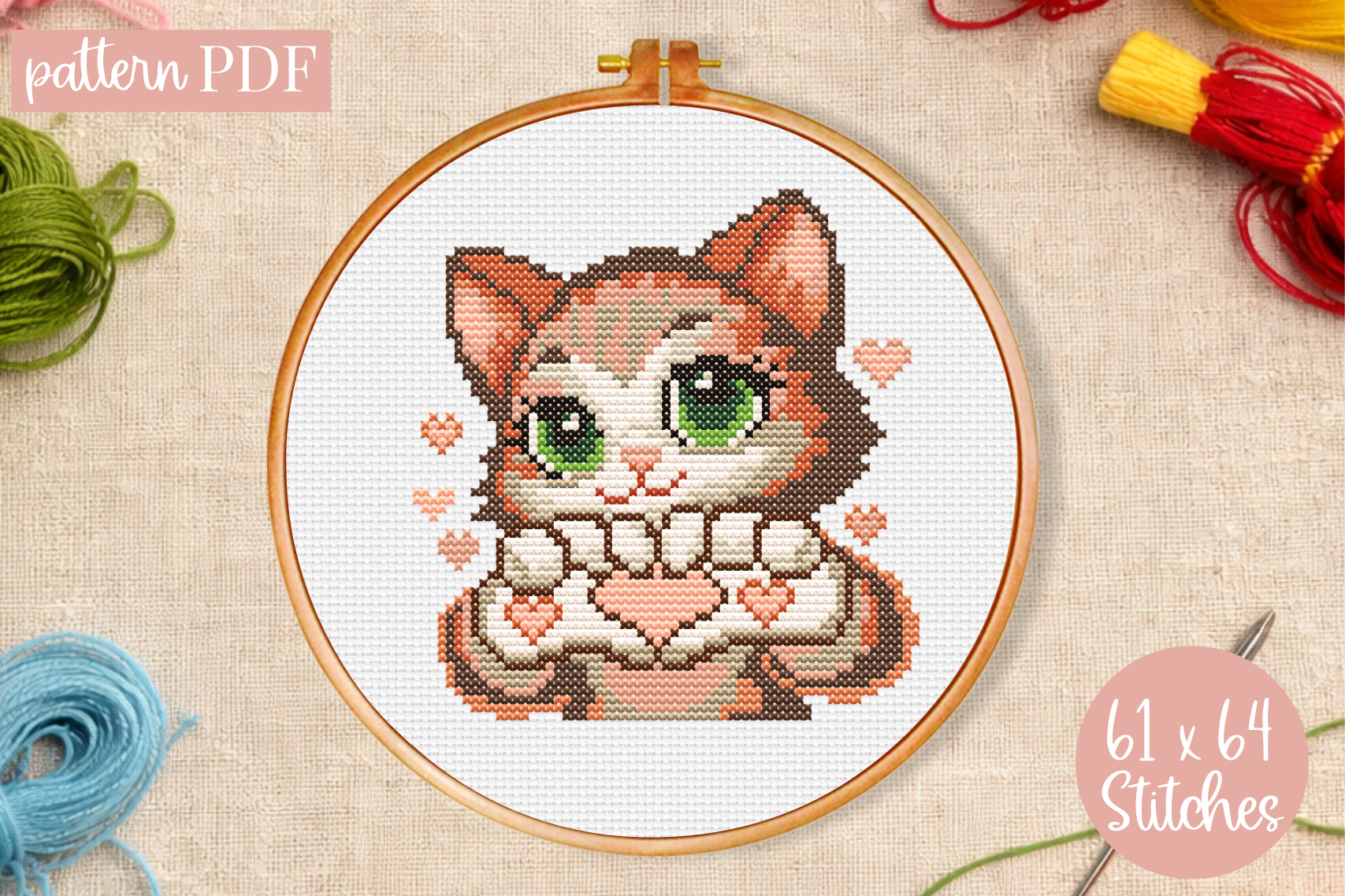 Sweet Cat Cross Stitch Pattern Hearts