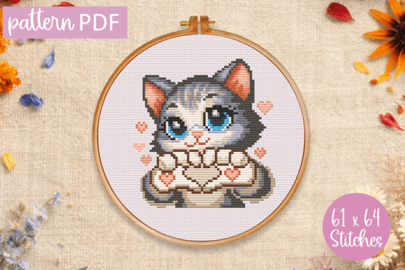 Valentine Cat Cross Stitch Pattern Love
