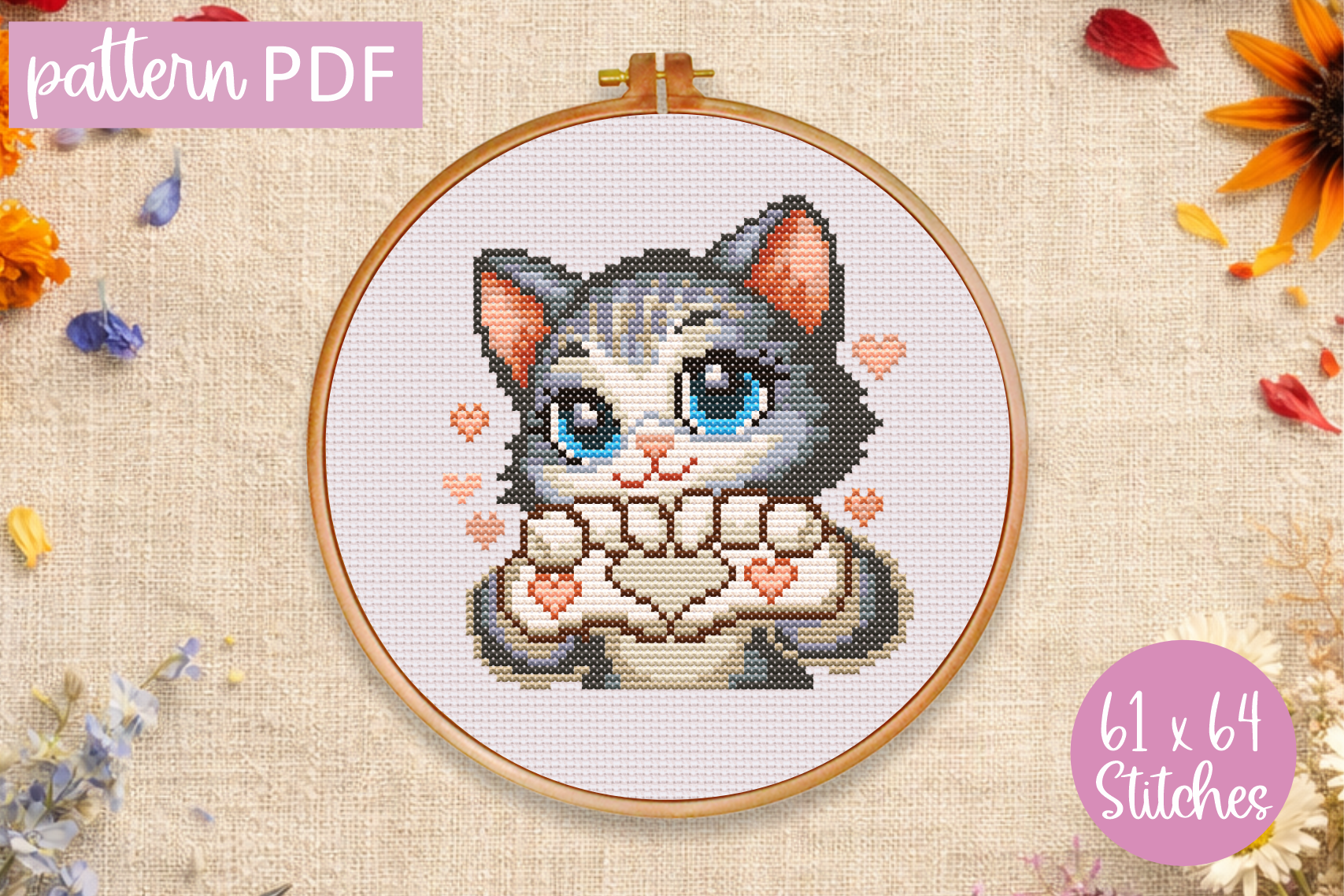 Valentine Cat Cross Stitch Pattern Love