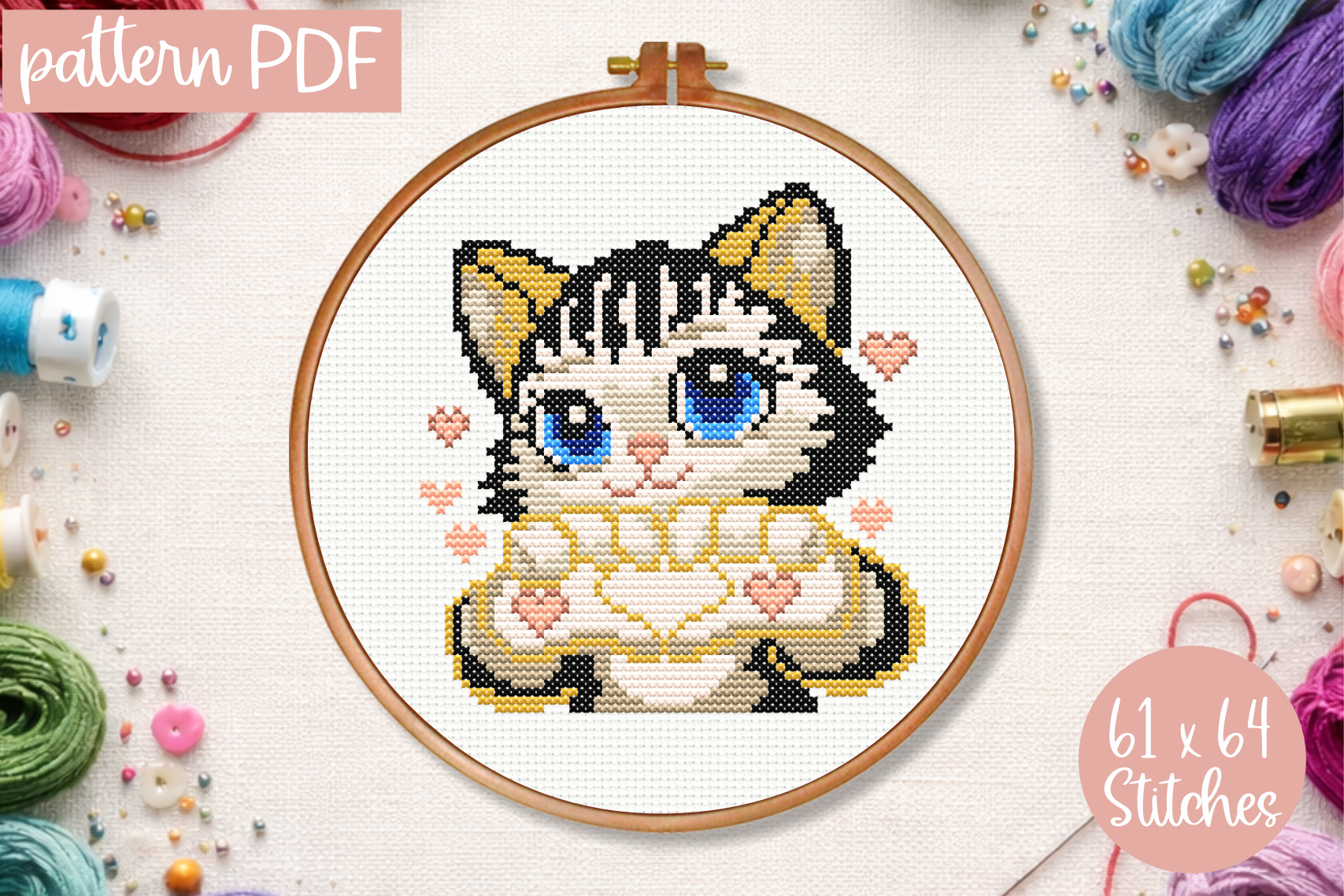 Valentine's Cat Cross Stitch Pattern PDF