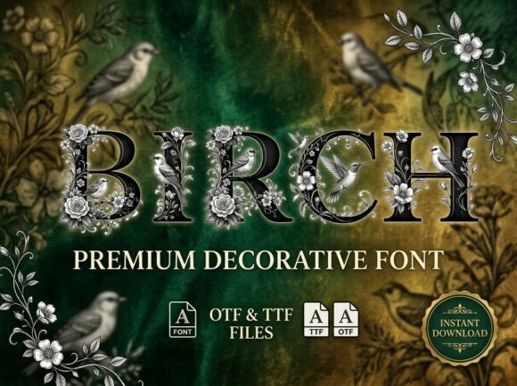 Preview specimen of Birch decorative font