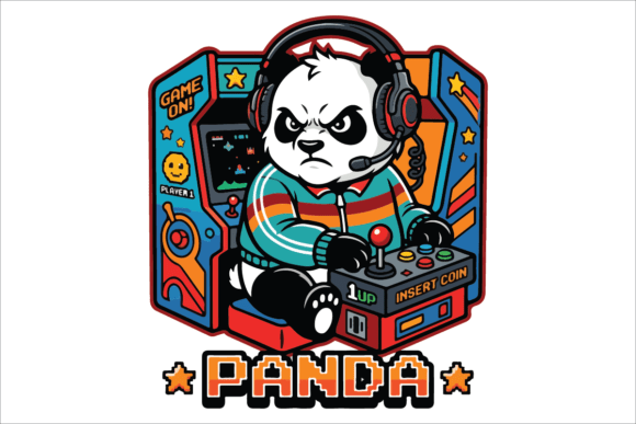 Retro Arcade Gamer Panda Mascot Logo