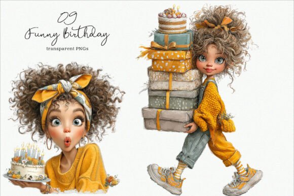 Watercolor Funny Birthday Girls Clipart Graphic Illustrations By SinaCreation