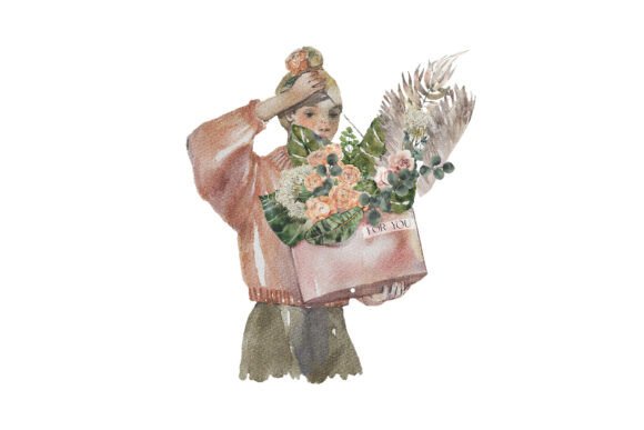Florist Girl Watercolor Portrait Clipart for pet portrait gift canvas and mugs