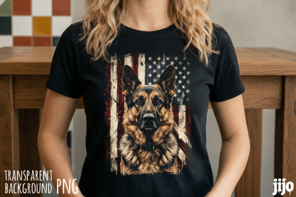 German shepherd with USA flag PNG for veteran and patriot dog dad apparel