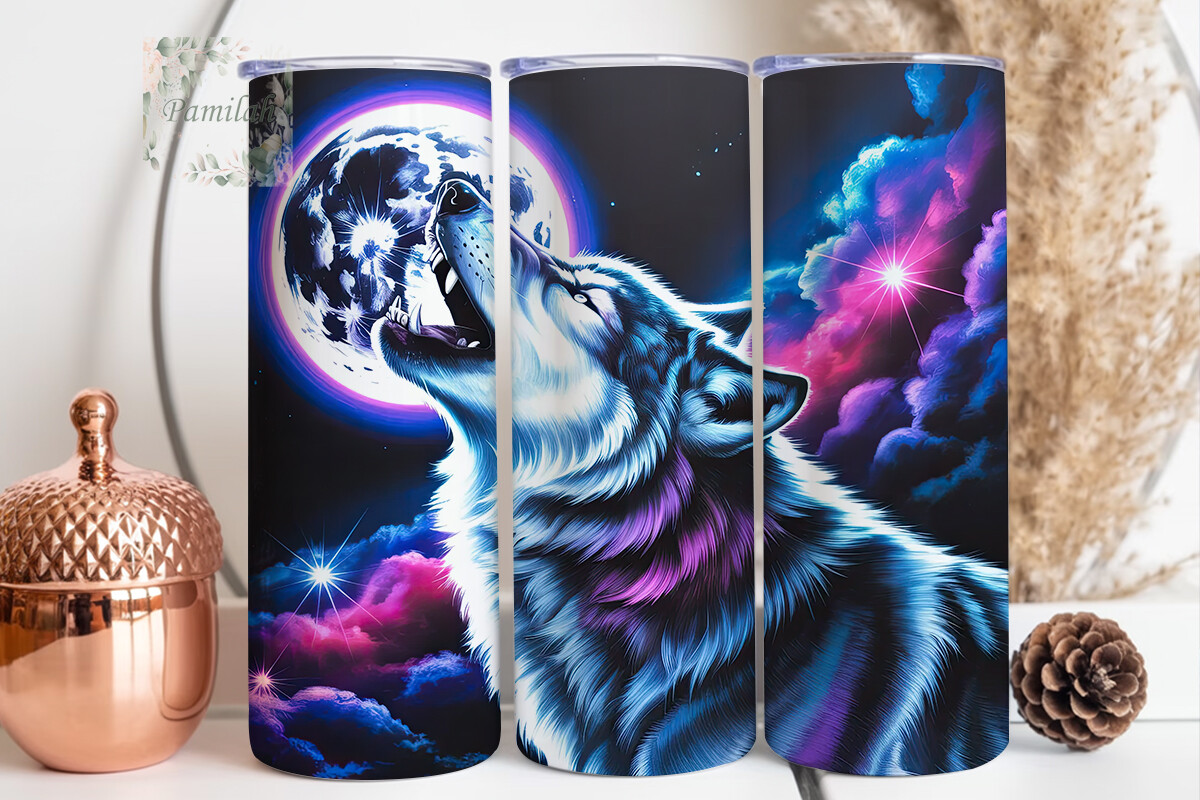 Neon Cosmic Wolf 20oz Tumbler Wrap Graphic by Pamilah · Creative Fabrica