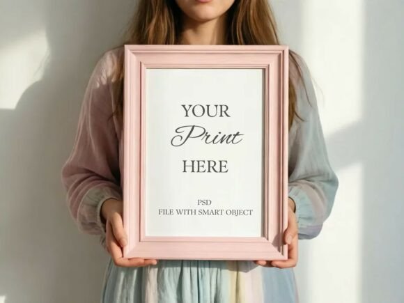 Vertical Pink Frame Held by Person-PSD Grafik Rahmen & Poster Von Mockups Of Imaginations
