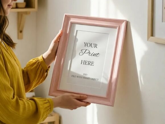 Vertical Pink Frame Mockup Held by Hand Graphic Frames & Posters By Mockups Of Imaginations